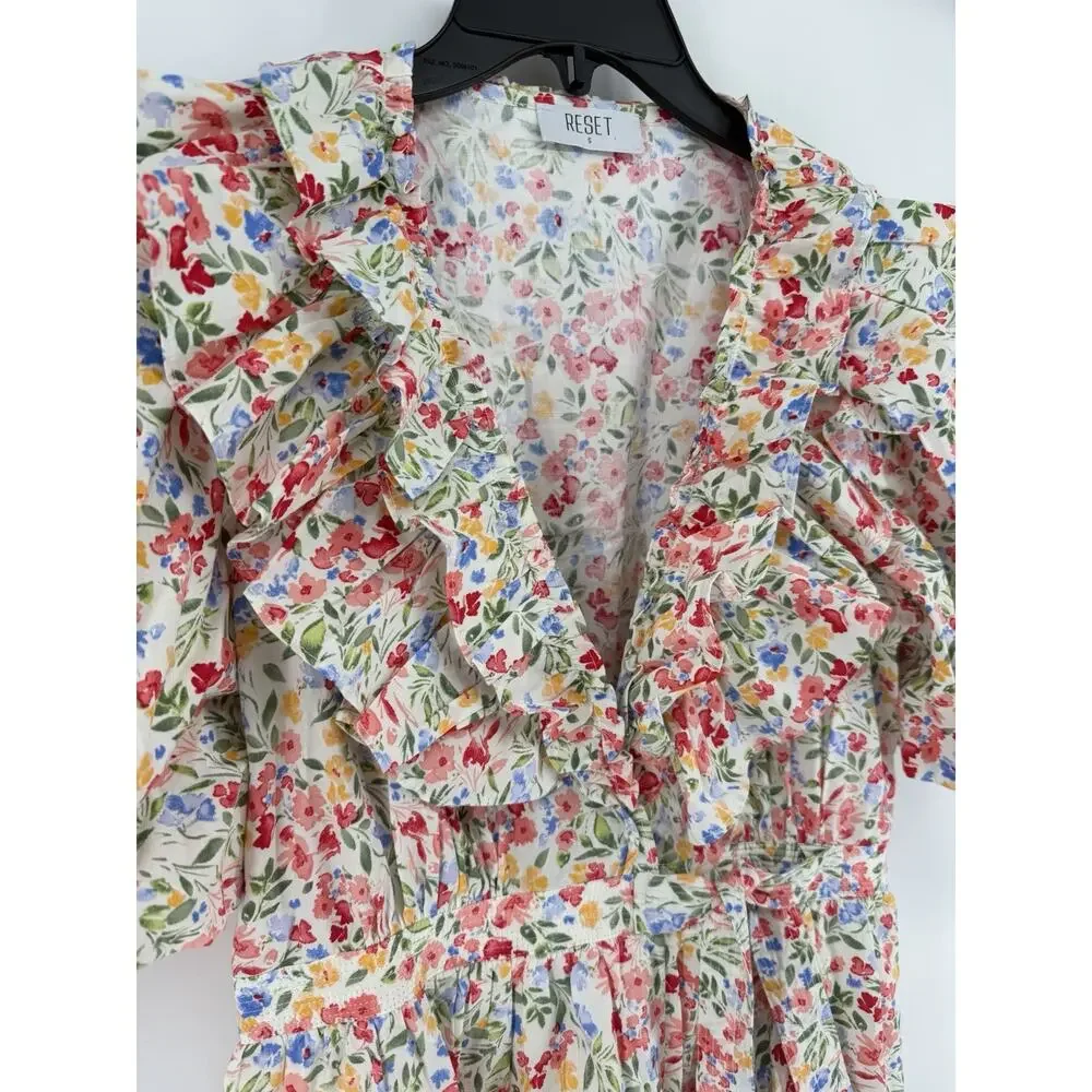 RESET Floral Print Mini Wrap Dress Womens Large White Puff Sleeve Lined - Picture 3 of 13